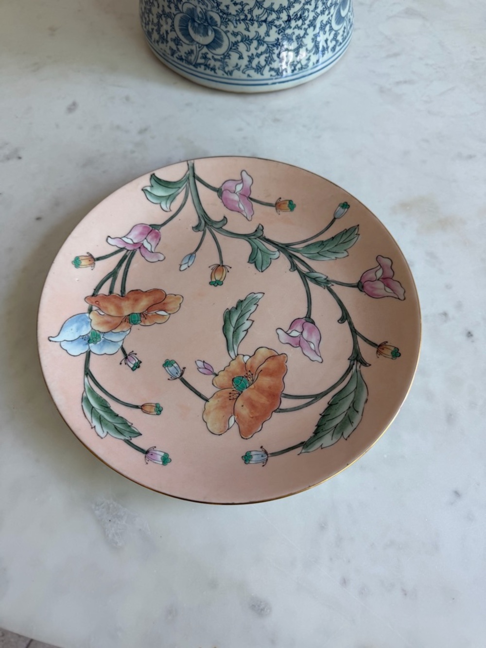 Hand-Painted Floral Ceramic Plate in Blush Pink